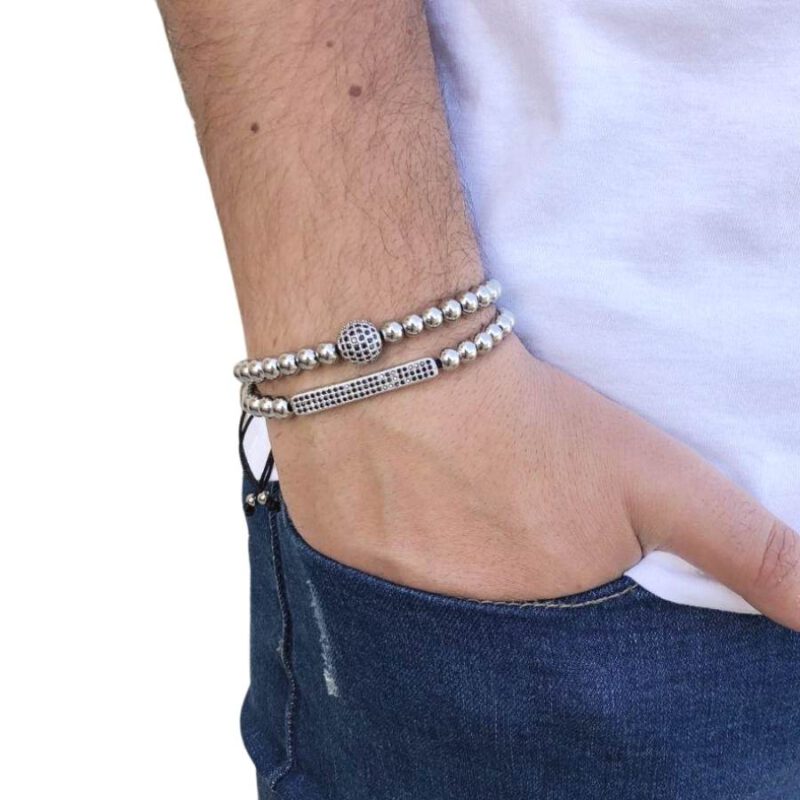 ⁦צמידים לגבר - סט כדור ופלטה כסף⁩ – תמונה ⁦2⁩