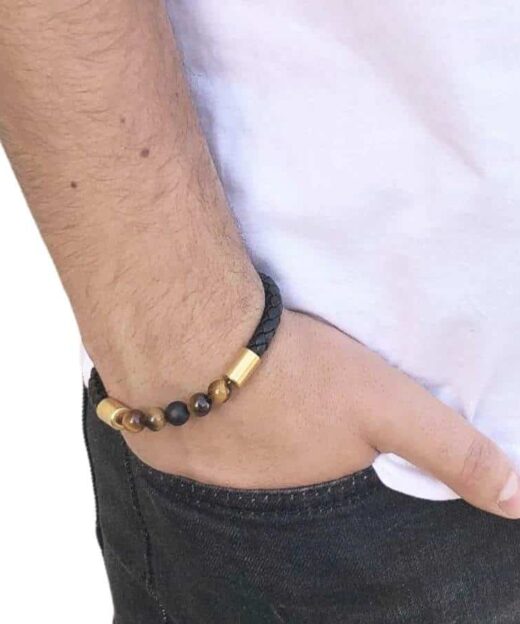 Alternative view of צמיד לגבר – עור וחרוזים שחור-חום-זהב