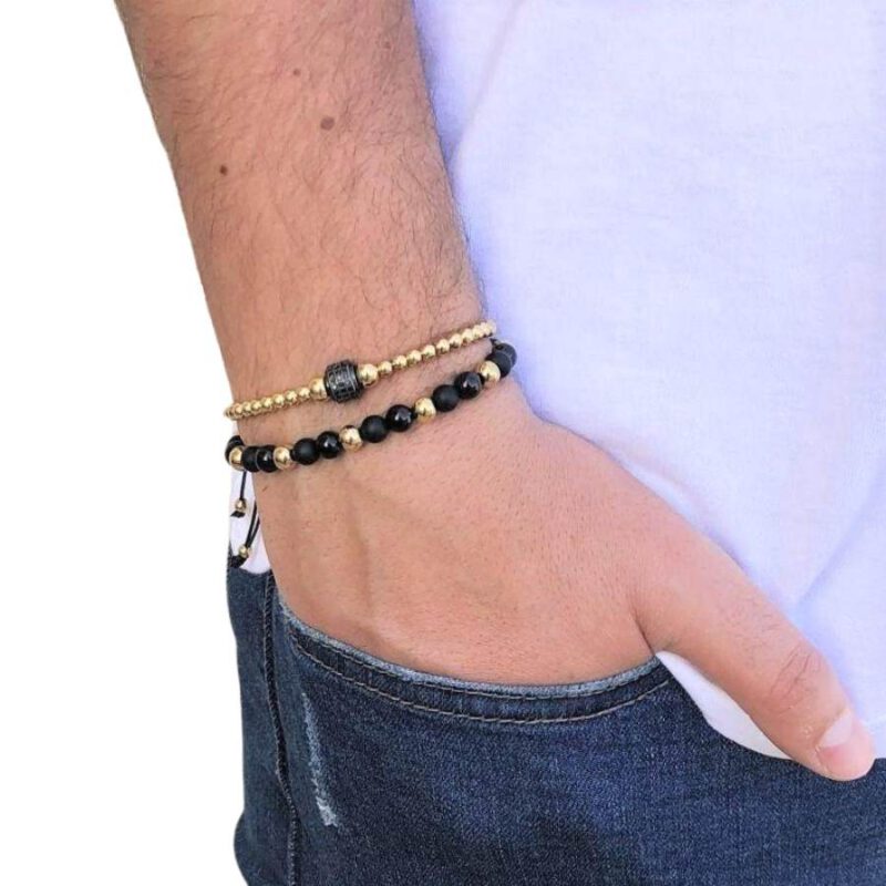 ⁦סט שלושה צמידים לגבר שחור זהב⁩ – תמונה ⁦2⁩