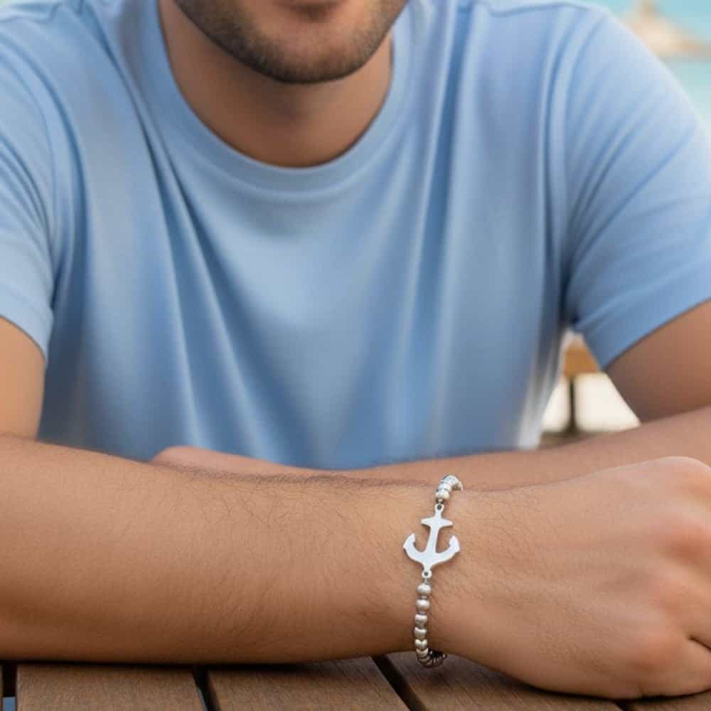 צמיד לגבר - חרוזים כסף ועוגן